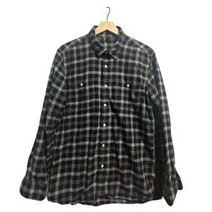 Muji Men’s Flannel Plaid Long Sleeve Button Up Shirt L  Cotton, Black/Gray